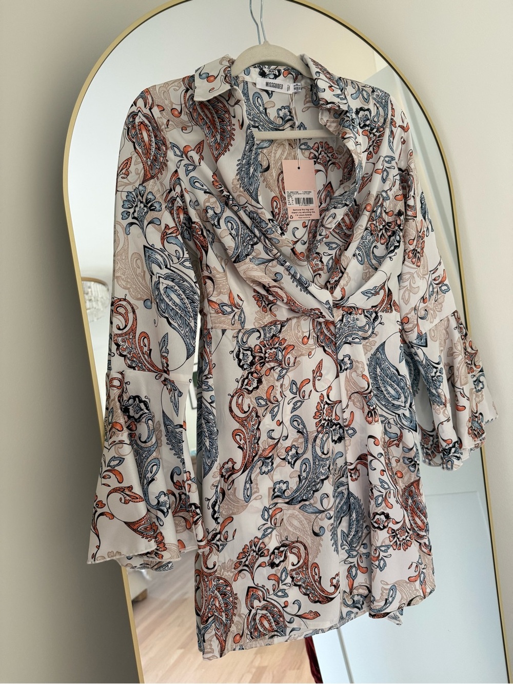 Missguided Cream Paisley Satin Wrap Dress with Blue & Rust Print